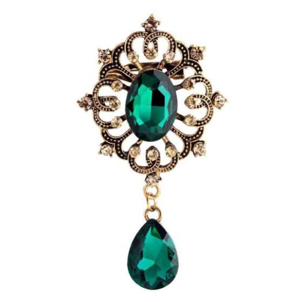 Antique Gold and Green Rhinestone Victorian Style Brooch Pin - Picture 1 of 3